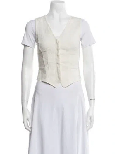 Pre-owned Cortana Linen V-neck Top In Neutrals/white