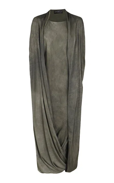 Cortana Mars Satin Maxi Cape Dress In Green