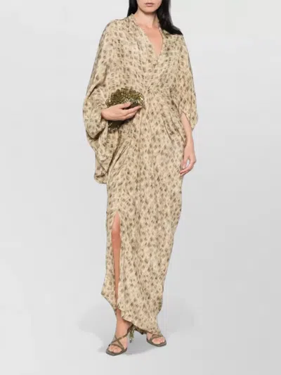 Cortana Printed Draped V-neck Batwing-sleeve Side-slit Long Dress In Nude