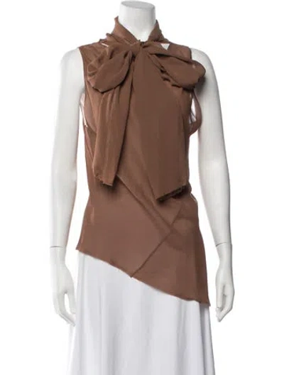 Pre-owned Cortana Silk Tie Neck Top In Brown