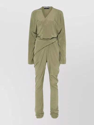 Cortana Silk Wrap Jumpsuit Long Sleeves Tie Waist In Green