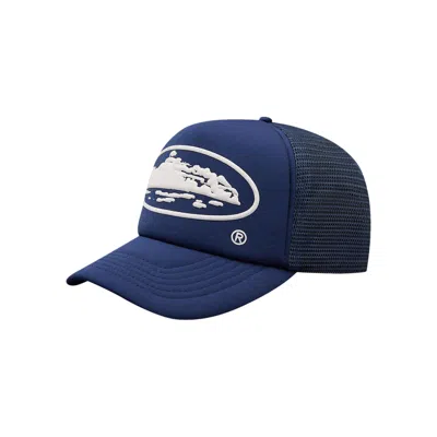Pre-owned Corteiz Alcatraz Puff Print Trucker Hat 'navy' | Blue | Men's Size Onesize