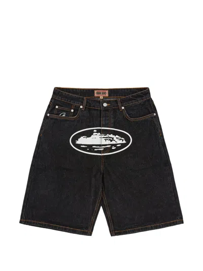 Corteiz Island Logo-print Denim Shorts In Black