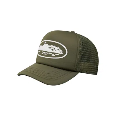Pre-owned Corteiz Island Puff Print Trucker Hat 'olive' | Green | Men's Size Onesize