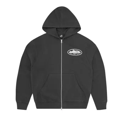 Pre-owned Corteiz Island Puff Print Zip Hoodie 'washed Black' | Men's Size S