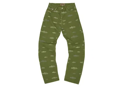 Pre-owned Corteiz Men's  Alcatraz Pattern Denim Jeans In Khaki