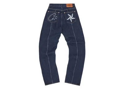 Pre-owned Corteiz Men's  Cstar Stitchdown Jeans In Dark Wash In Blue