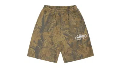 Pre-owned Corteiz Men's  Island Puff Print Sweatshort In Forest Camo In Green