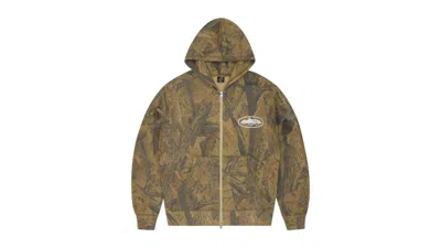 Pre-owned Corteiz Men's  Island Puff Print Zip Hoodie In Forest Camo In Green
