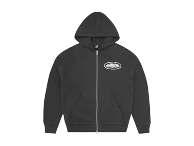 Pre-owned Corteiz Men's  Island Puff Print Zip Hoodie In Washed Black