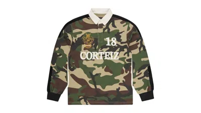 Pre-owned Corteiz Men's  Panelled Rugby Shirt Top In Woodland Camo In Multi
