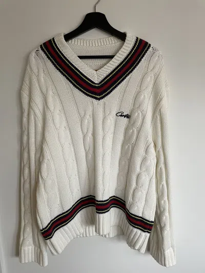Pre-owned Corteiz Used  Wimbledon Cable Knit Sweater White Size Large