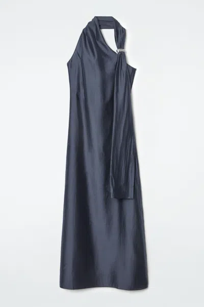 Cos Asymmetric Brooch-detail Midi Dress In Blue
