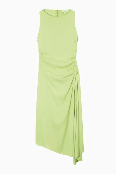 Cos Asymmetric Gathered Satin Midi Dress In Green