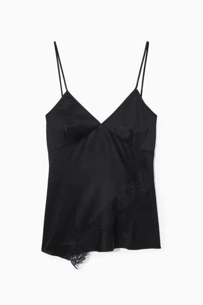 Cos Asymmetric Lace-trimmed Satin Camisole In Black