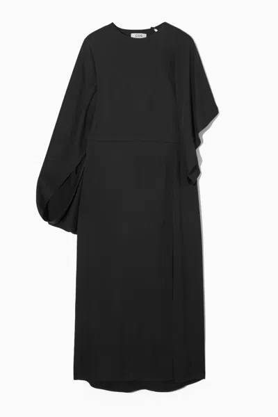 Cos Asymmetric-sleeve Draped Midi Dress In Black
