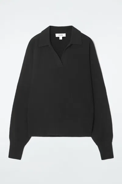 Cos Batwing-sleeve Wool Polo Jumper In Black
