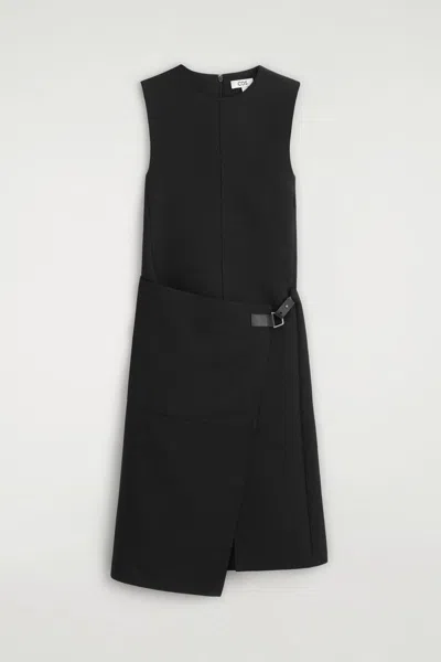Cos Belt-detail Double-faced Wool Midi Dress In Black