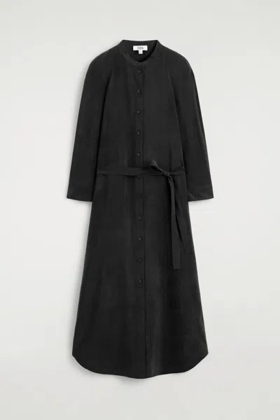 Cos Belted Collarless Midi Shirt Dress In Black
