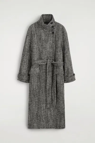 Cos Belted Herringbone Wool Mock-neck Coat In Black