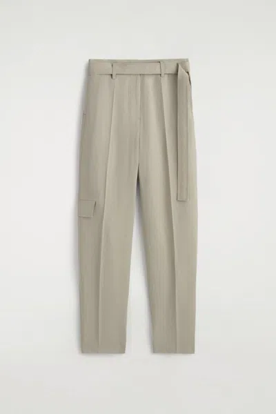 Cos Belted Linen Barrel-leg Pants In Beige In Sand