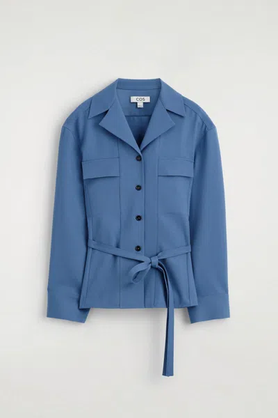 Cos Belted Merino Wool Blend Utility Shirt In Blue