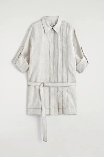 Cos Belted Pleated Linen Mini Shirt Dress In Grey In Gray