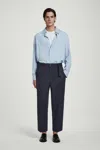 Cos Belted Tapered Cotton Trousers In Blue