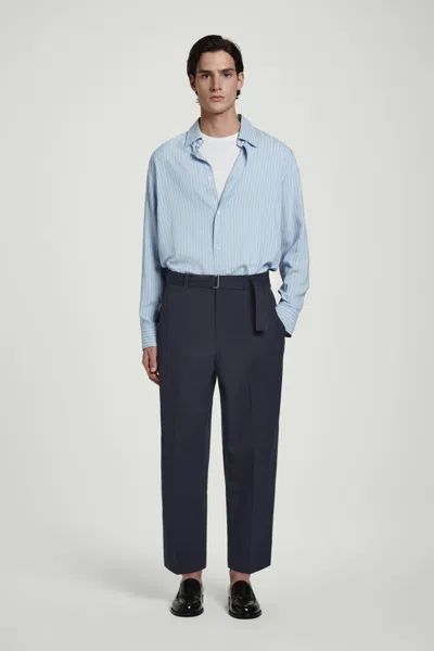 Cos Belted Tapered Cotton Trousers In Blue