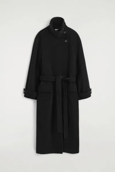 Cos Belted Wool-blend Funnel-neck Coat In Black