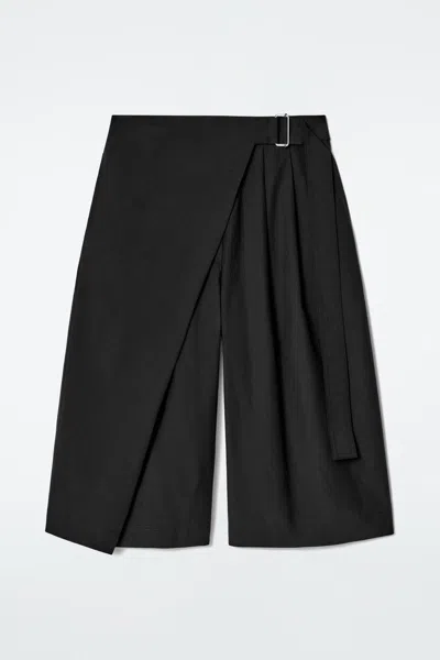 Cos Belted Wrap-front Cotton Shorts In Black