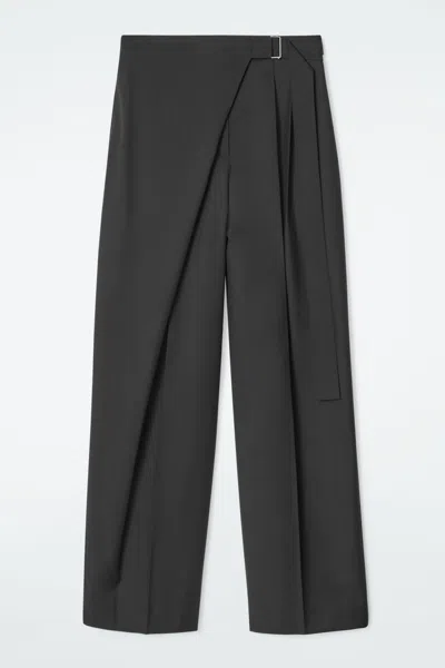 Cos Belted Wrap-front Wool Trousers In Black