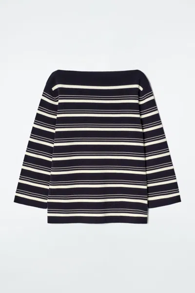 Cos Boat-neck Striped Cotton Jumper In Blue