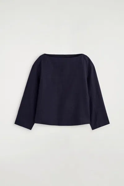 Cos Boat-neck Linen Blouse In Navy In Blue