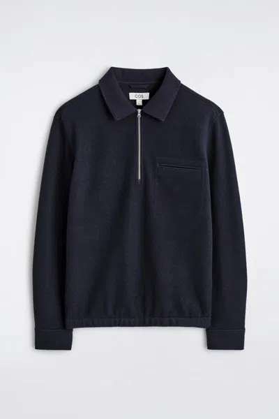 Cos Boiled-wool Zip-up Polo Jumper In Blue
