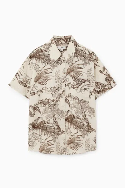 Cos Botanical-print Short-sleeved Linen Shirt In Beige