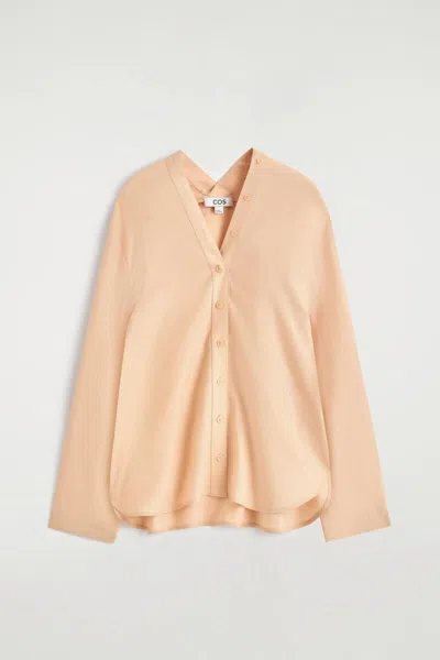 Cos Button-detail Linen V-neck Shirt In Beige In Pink