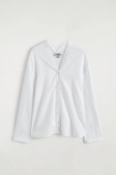 Cos Button-detail Linen V-neck Shirt In White