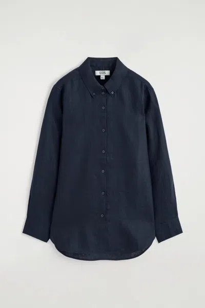 Cos Camicia In Lino Con Colletto Button-down In Blue