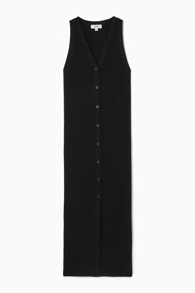 Cos Buttoned Rib-knit Maxi Dress In Black