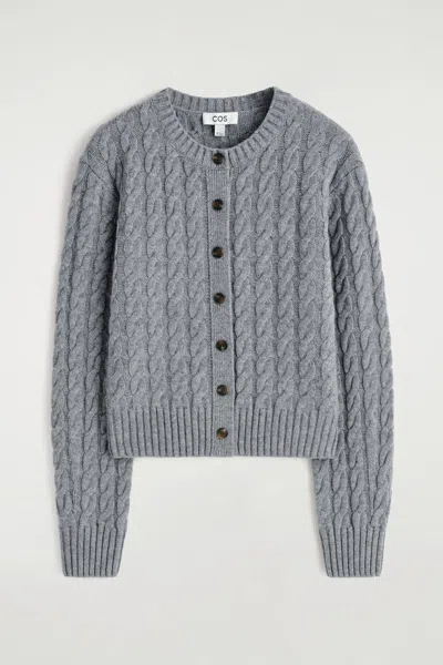 Cos Cable-knit Merino Wool Cardigan In Gray