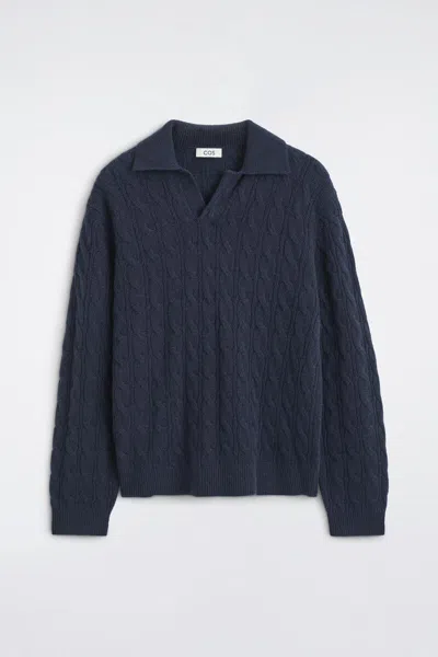 Cos Cable-knit Cashmere Polo Sweater In Navy