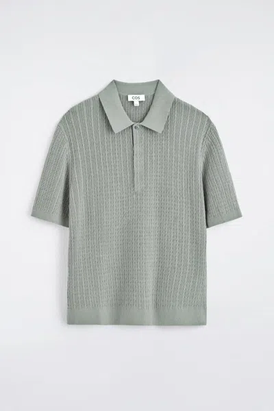 Cos Cable-knit Cotton-linen Polo Shirt In Gray