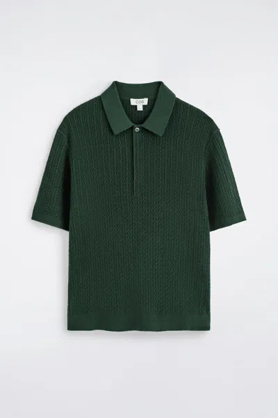 Cos Cable-knit Cotton-linen Polo Shirt In Green