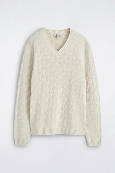 Cos Cable-knit Cotton-silk V-neck Sweater In White