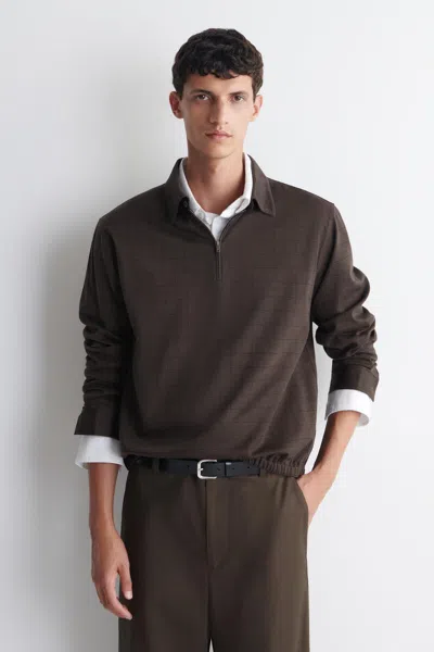 Cos Checked Cotton Jacquard Zip-up Polo Shirt In Brown