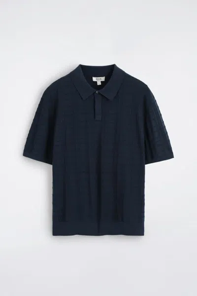 Cos Checked Jacquard-knit Polo Shirt In Navy In Blue