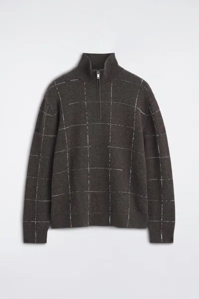 Cos Checked Wool-cotton Zip-up Sweater In Brown