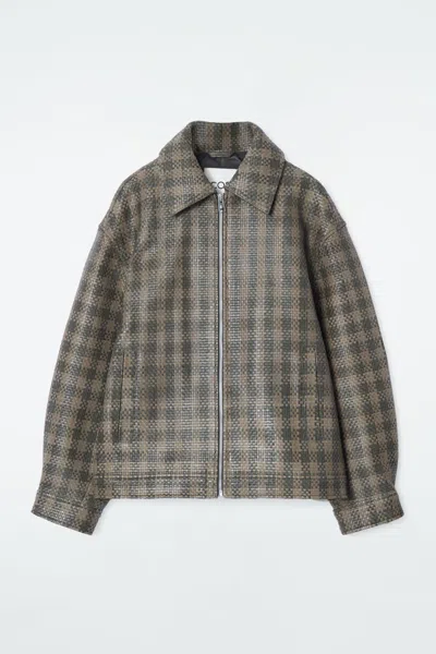 Cos Checked Woven Leather Jacket In Green