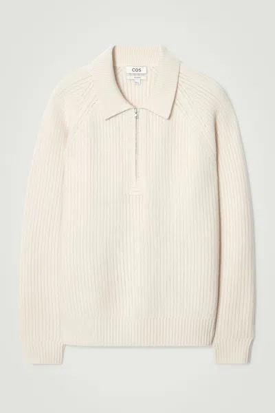 Cos Collared Merino Wool Half-zip Jumper In White
